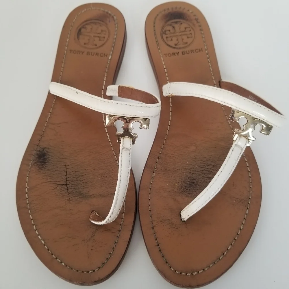 Tory Burch White Half Moon T Logo Leather Thong Flat Sandals Size 6